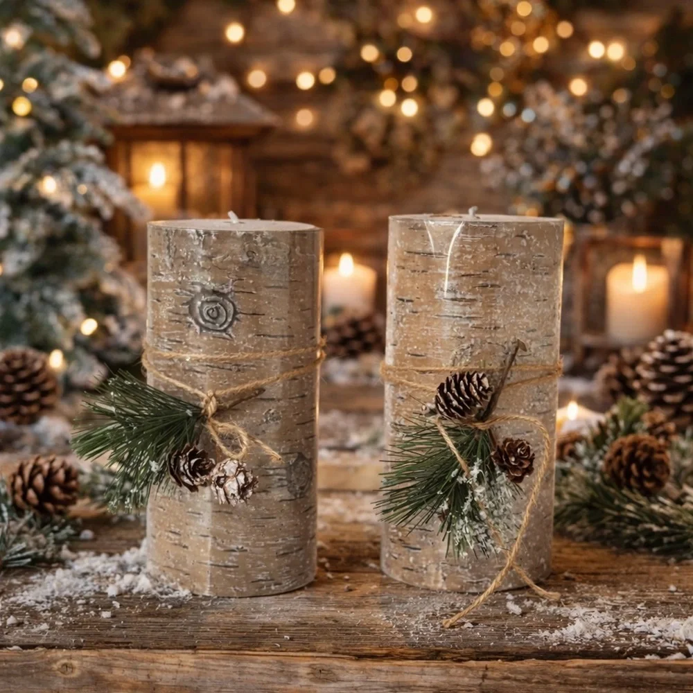Rustic tree theme pillar candles NWT NEW 2 total 6 in Christmas Xmas festive